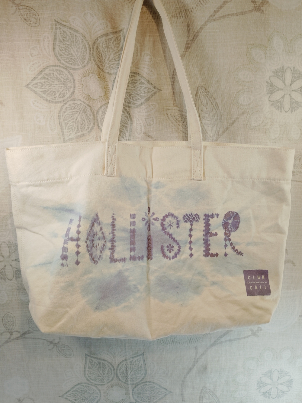 Hollister Cream Canvas Tote with Lavender Logo